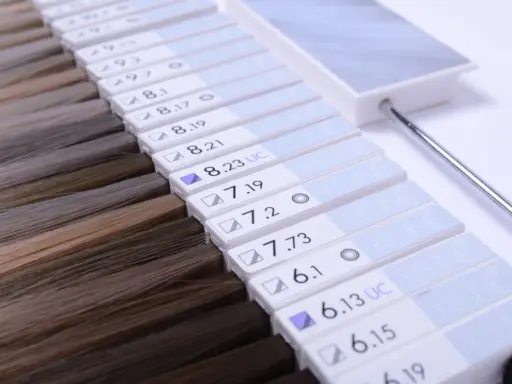 Farbkarte mit verschiedenen Nuancen von Keune Haarfarbe, von hellen Blondtönen bis zu dunklen Braun.