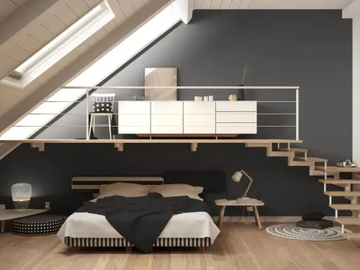 Camera da letto moderna con soppalco chiuso, letto matrimoniale, scala in legno e cassettiera bianca. Idee soppalco chiuso per sfruttare lo spazio.