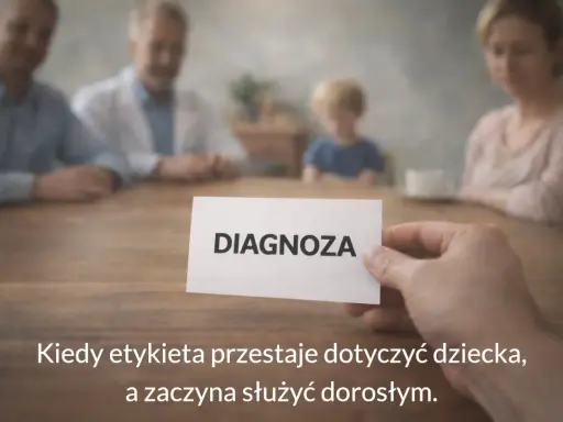 Dyskalkulia co to? Rodzina przy stole, ręka trzyma kartkę z napisem "DIAGNOZA". Kiedy etykieta przestaje dotyczyć dziecka, a zaczyna służyć dorosłym.