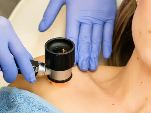 Dermatolog w niebieskich rękawiczkach bada znamię dermatoskopem na skórze pacjentki.