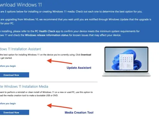 Strona z opcjami jak zainstalować Windows 11: Asystent Instalacji i Narzędzie do tworzenia nośnika.