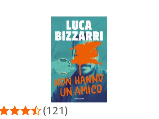 Copertina del libro "Non hanno un amico" di Luca Bizzarri, con un volto coperto da vernice arancione.