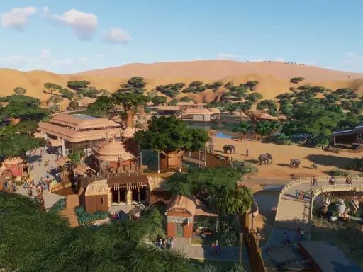 Wirtualne safari z żyrafami i słoniami, budynki w afrykańskim stylu. Idealne dla graczy, którzy sprawdzają planet zoo wymagania.