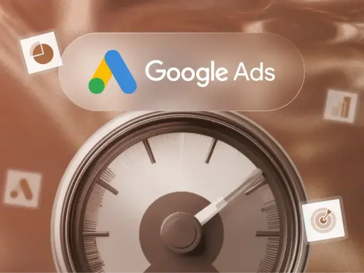 Compteur de performance pour le score de qualité Google Ads, avec icônes de graphiques et de cible.