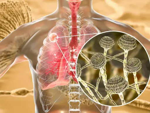 Ingrandimento di Aspergillus fumigatus che infetta i polmoni umani.