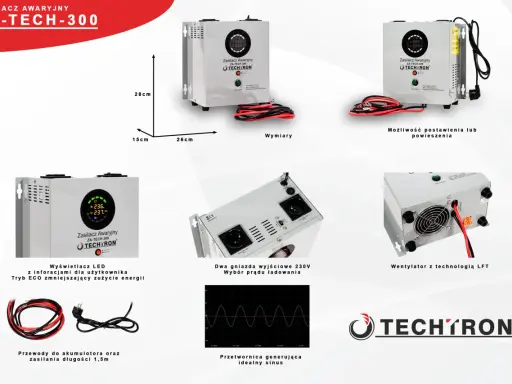 Domowy UPS Techtron ZA-TECH-300 z wyświetlaczem LED, dwoma gniazdami 230V i wentylatorem. Idealny do zabezpieczenia sprzętu.