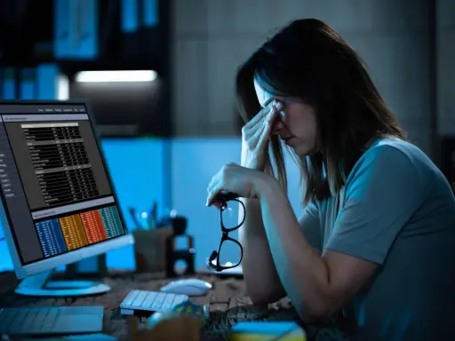 Femme fatiguée devant un écran, lunettes à la main. La hyperconnectivité définition se reflète dans son regard las face aux données.