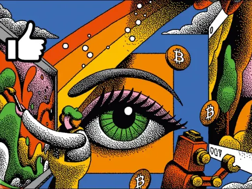 A vibrant illustration showing how to start buying art with Bitcoin. A hand paints on a screen, a giant eye observes, and Bitcoin symbols float around.