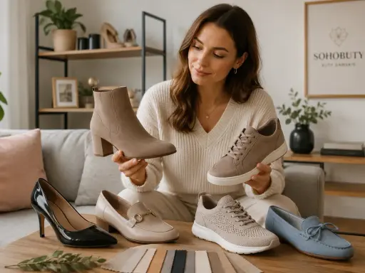 Kobieta prezentuje różne modele butów, w tym botki i sneakersy. Wiele z nich wykonano z wysokiej jakości materiału syntetycznego, który zapewnia komfort i trwałość.