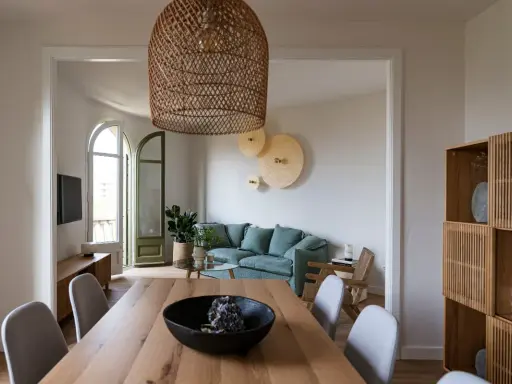 Comedor y sala minimalista para espacios pequeños. Mesa de madera, sillas grises, sofá verde menta y estantería de roble.