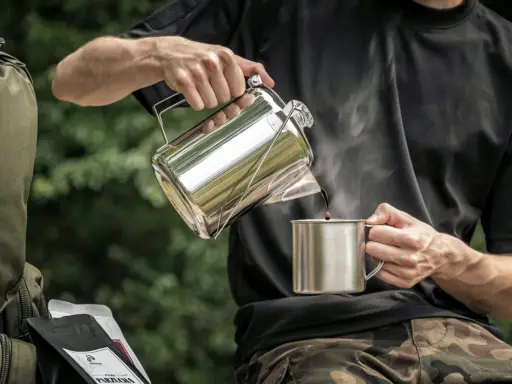 Mężczyzna nalewa kawę do kubka z metalowego czajniczka. Obok leży plecak i paczki kawy. Idealny **aeropress przepis** na kempingu.