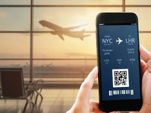 Bilet lotniczy na telefonie: lot z NYC do LHR, pasażer John, bramka 12. IATA co to? To kod lotniska.