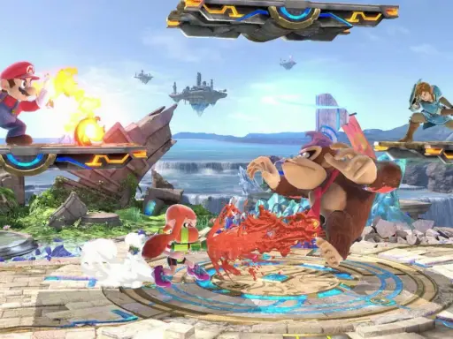 Mario, Link, Donkey Kong i Inkling walczą na latającej platformie. Wiele postaci z gier wartych zagrania w akcji!