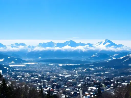 Zimowy krajobraz z górami w tle. Miasto pokryte śniegiem, idealne na zakopane atrakcje.