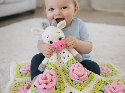 Bebé sonriente abraza una adorable manta de apego a crochet con forma de vaca y flores rosas.