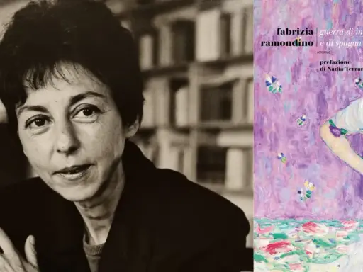 Ritratto di Fabrizia Ramondino accanto alla copertina del suo libro "Guerra di infanzia e di Spagna".