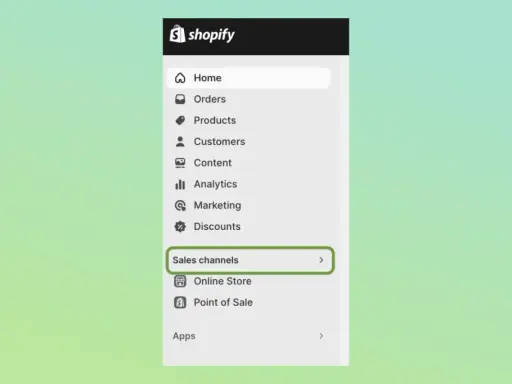 Menu Shopify z opcją "Sales channels" (kanały sprzedaży), kluczowe dla rozwoju platformy sprzedażowej.
