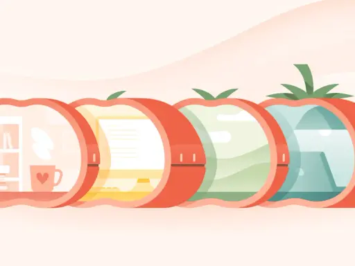Cztery pomidory symbolizujące cykle pracy w technice pomodoro: biurko, komputer, krajobraz, wodę.