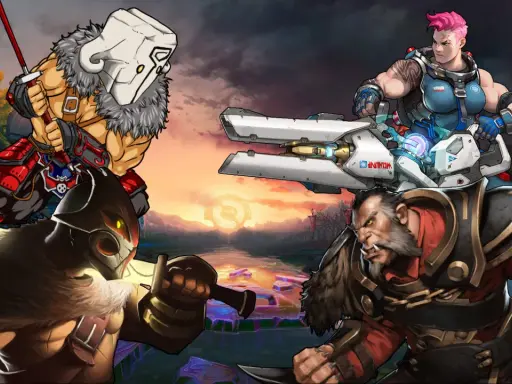 Postacie z gier podobnych do League of Legends, w tym wojownik z maską, barbarzyńca i kobieta z bronią, na tle fantastycznego krajobrazu.