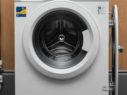 Biała pralka e10 electrolux z otwartymi drzwiczkami, widoczny bęben. Obok drewniana ściana i kable.