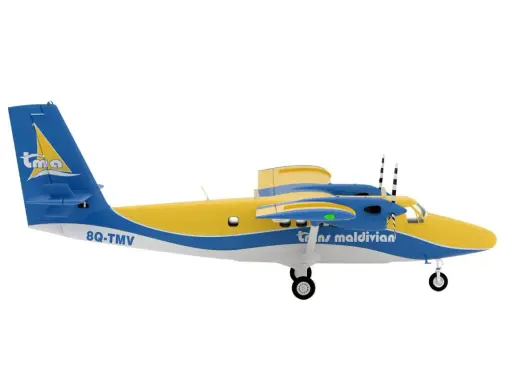Ein gelb-blaues Twin Otter Flugzeug der Trans Maldivian Airways mit der Kennung 8Q-TMV hebt ab.