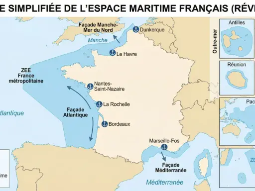 Carte simplifiée de l'espace maritime français, montrant les façades maritimes et les ZEE. Une carte fond marin essentielle pour comprendre l'étendue des eaux françaises.