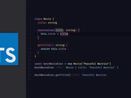 Kod w TypeScript demonstruje klasę `Movie` z metodą `getTitle`. Logo TS obok kodu.