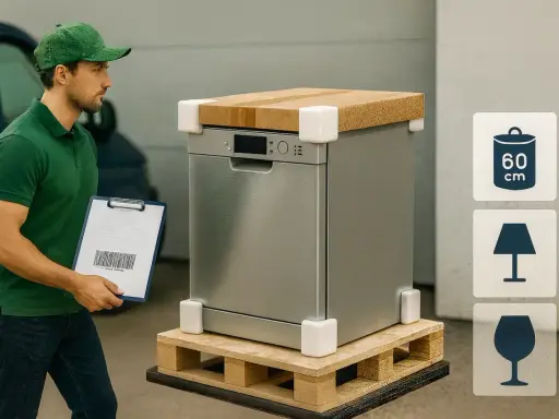 Kurier sprawdza dokumenty przy uszkodzonej paczce InPost. Zmywarka na palecie, zabezpieczona narożnikami.