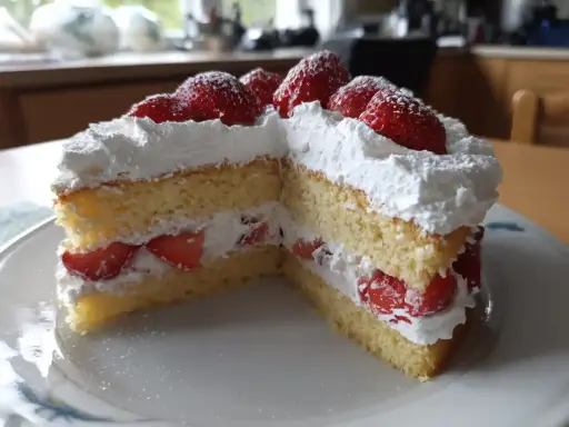 Enkel tårta med fluffig grädde och färska jordgubbar, perfekt för ett sommarfika.