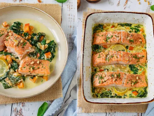 Zwei Ansichten eines cremigen Lachsgerichts mit Spinat und Kürbis. Perfekt für Lachs Rezepte.