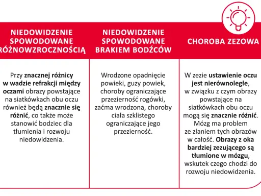 Niedowidzenie u niemowlaka może wynikać z różnic w wadzie refrakcji, braku bodźców lub zeza. Jedno oczko może widzieć gorzej.
