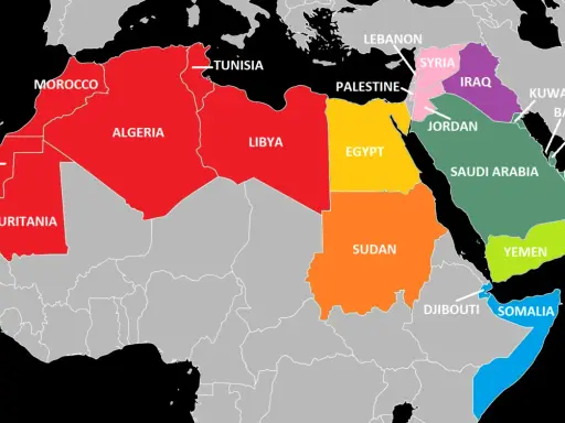Karte zeigt Länder Nordafrikas und des Nahen Ostens, darunter Marokko, Algerien und andere arabische Staaten.