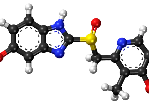Model cząsteczki leku mesopral 40 mg. Atom węgla, wodoru, azotu, tlenu i siarki.