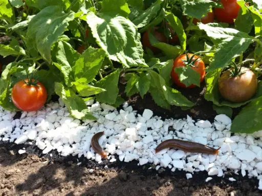Des limaces rampent sur des cailloux blancs près de plants de tomates. Une astuce pour savoir comment éloigner les limaces : la gravier peut les dissuader.