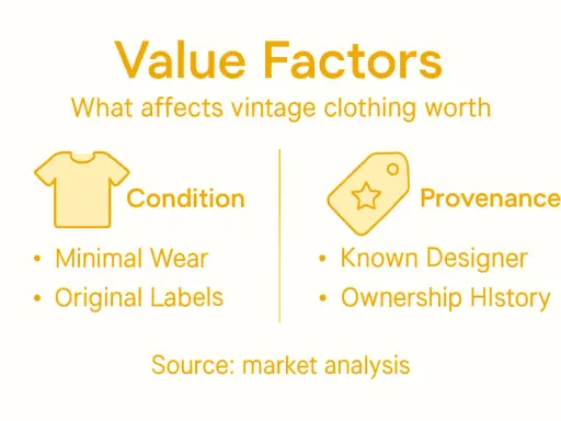 Value factors for vintage clothing: condition (minimal wear, original labels) and provenance (known designer, ownership history).