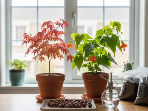 Un magnifique érable du Japon en pot, aux feuilles rouge orangé, côtoie une plante fleurie. Près d'eux, des sacs de terreau et un vaporisateur attendent pour le rempotage.