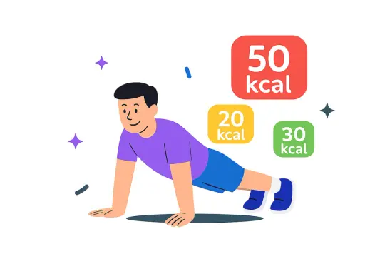 Uśmiechnięty mężczyzna robi pompki. Obok niego pojawiają się kolorowe etykiety z liczbą spalonych kalorii: 50, 20 i 30 kcal. Ile kcal spalisz, robiąc 10 pompek?