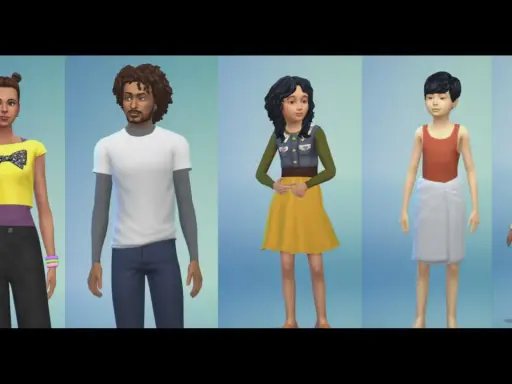 Mody dla dzieci The Sims 4: dziewczynka w żółtej bluzce, chłopak w białej koszulce, nastolatka w kamizelce i żółtej sukience, chłopiec w ręczniku i maluch w stroju kąpielowym.
