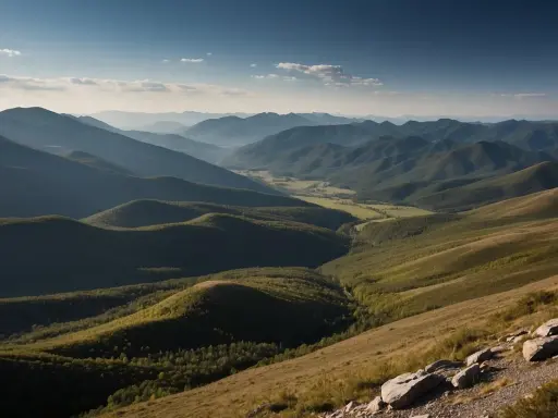 Widok na pasmo górskie, gdzie widać, jak daleko widzi ludzkie oko. Dolina z polami i lasami, otoczona łagodnymi wzgórzami.