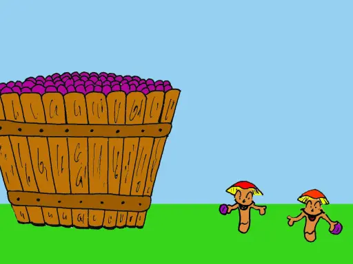 Disegni da colorare: vendemmia dall'uva al vino. Un cesto pieno d'uva e due simpatici personaggi con cappelli rossi e gialli.