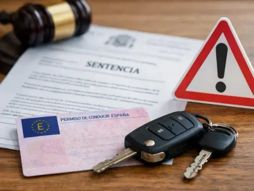 Sentencia judicial, carnet de conducir, llaves y señal de advertencia.