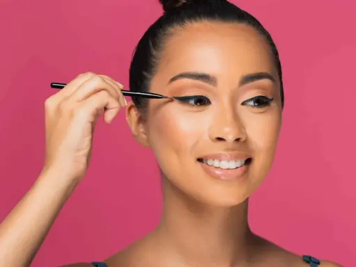 Une femme crée des "siren eyes" avec un eye-liner précis, son regard captivant promettant une beauté envoûtante.