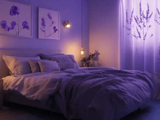 Gemütliches Schlafzimmer mit lila Akzenten. Kunstwerke mit Lavendel und echte Lavendelzweige schaffen eine entspannende Atmosphäre.