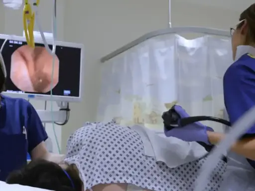 Lekarze przeprowadzają badanie jelita grubego, obserwując obraz na monitorze.