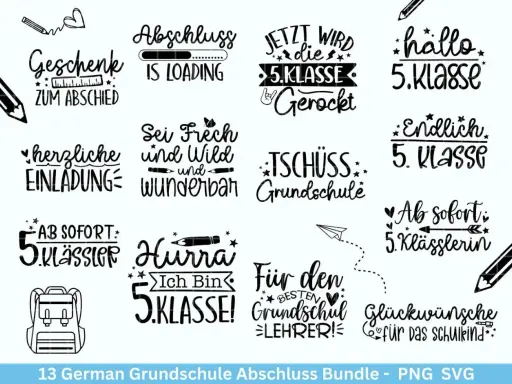 Sprüche zum Abschluss 10. Klasse: "Geschenk zum Abschied", "Abschluss is loading", "Jetzt wird die 5. Klasse gerockt", "Hallo 5. Klasse", "Endlich 5. Klasse", "Tschüss Grundschule", "Ab sofort 5. Klässler/in", "Hurra, ich bin 5. Klasse!", "Für den best...