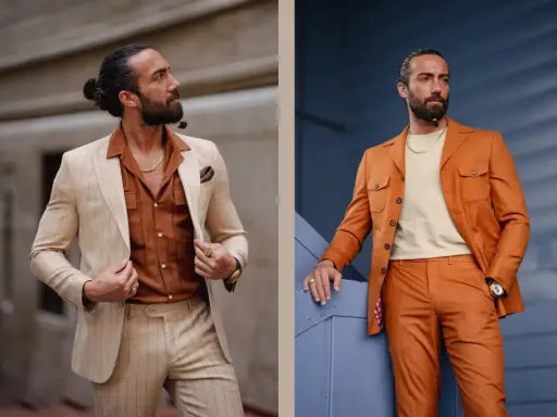 Man models two stylish summer suit colors: a light pinstripe and a vibrant orange.