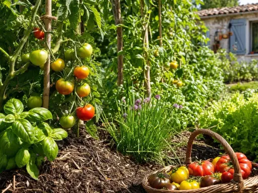 Un pied de tomate bien garni, avec des fruits rouges et verts, à côté d'un panier rempli de tomates mûres et de basilic frais.