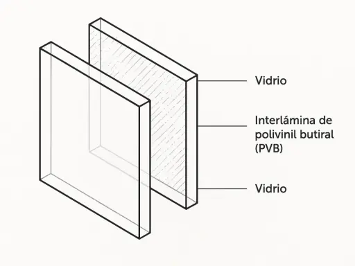 Corte transversal de vidrio laminado con interlámina de polivinil butiral (PVB).