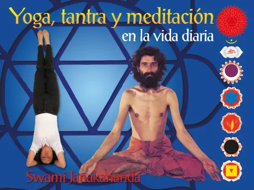 Man i meditation, kvinna i yogaställning. Texten "Yoga, tantra y meditación en la vida diaria" och "Swami Janakananda" syns.