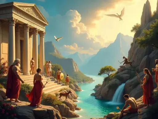 Majestätische Tempel und Berge prägen das Bild des antiken Griechenlands. Menschen in roten Gewändern und mythologische Wesen beleben die Szene am türkisfarbenen Meer.